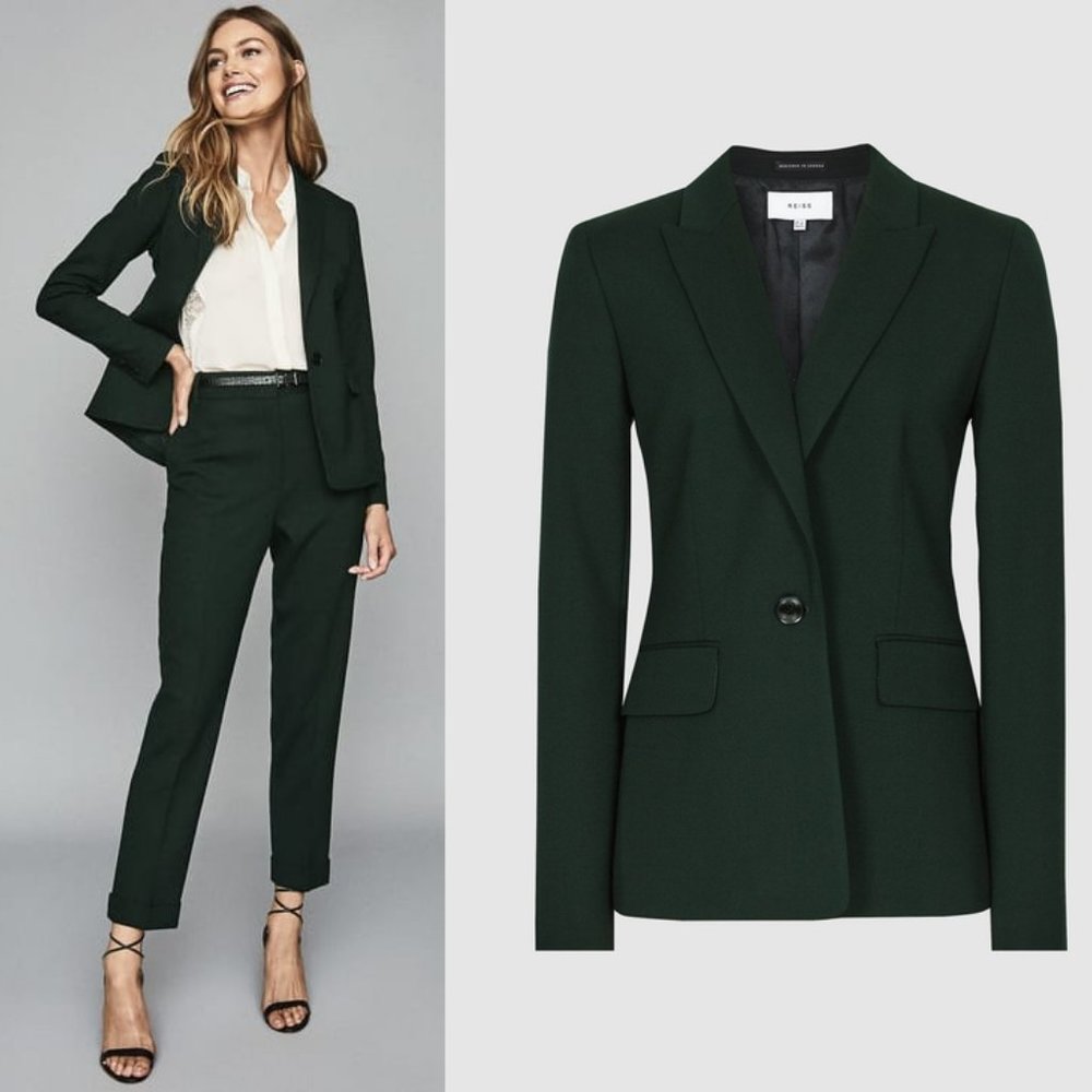 Reiss Ginnie Wool Blend Tailored Jacket Blazer in Green 0